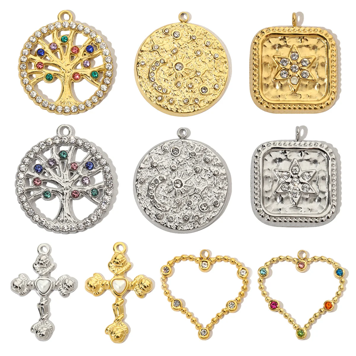 3pcs/Lot French Moon Star Stainless Steel Diy Charms Women Tree Of Life Earring Necklace Pendant Cross Heart Jewelry