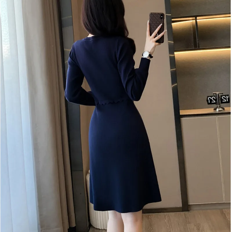 #0961 Blue A-line Sweater Dress Women False Two Piece A-line High Waisted Knitted Dress Female Slim Stretch Short Dress Ladies