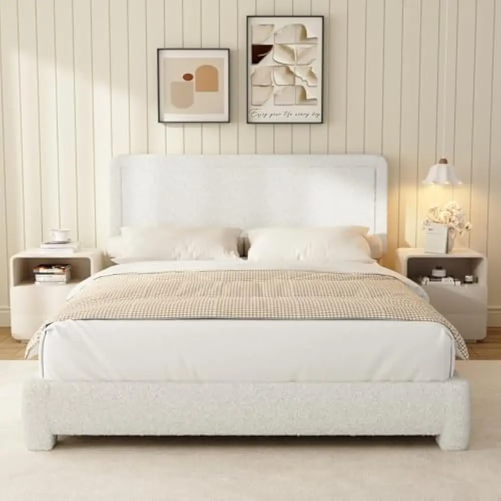 

King Size Boucle Bed Frame, Bed Frame with Headboard, Soft Rounded Corners, No Box Spring Required, Adjustable Headboard