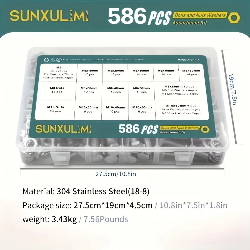 

236PCS/ 586PCS M6 M8 M10 Heavy Duty Bolts and Nuts Assortment Kit 304 Stainless Steel(18-8) Hex Screws Nuts & Washerss kit