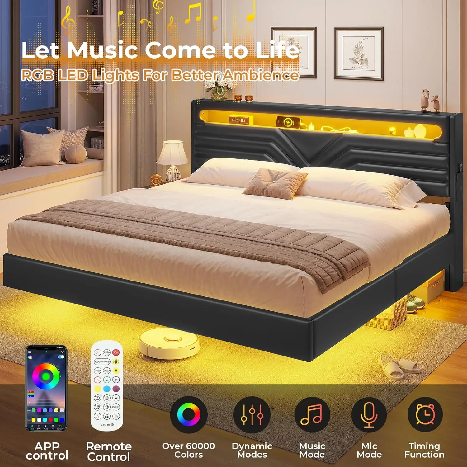 King Size Floating Bed Frame with Type-C Charging Station& Hidden Storage Headboard