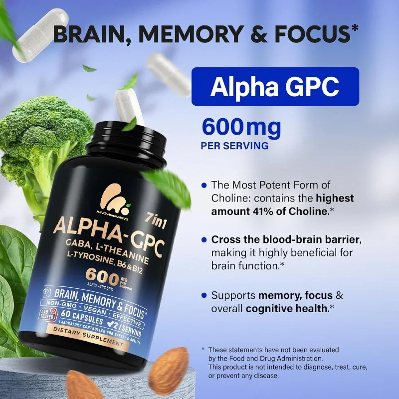Alpha GPC 600mg supplement  L-tyrosine vitamins B6 and B12- for concentration, memory, and energy - biologically active choline