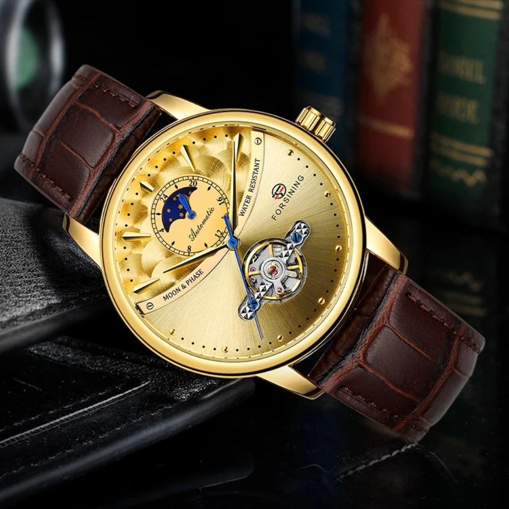 

Роскошные автоматические часы с фазой Луны, королевские мужские золотые водонепроницаемые механические наручные часы, повседневные часы с турбийоном из натуральной кожи