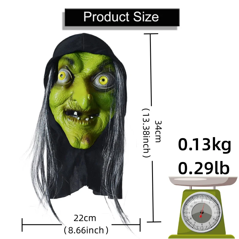 Máscara de Halloween Horror Old Witch para Mulher, Cosplay Traje, Palhaço Assustador, Máscaras de Látex Hag, Rosto Verde, Nariz Grande