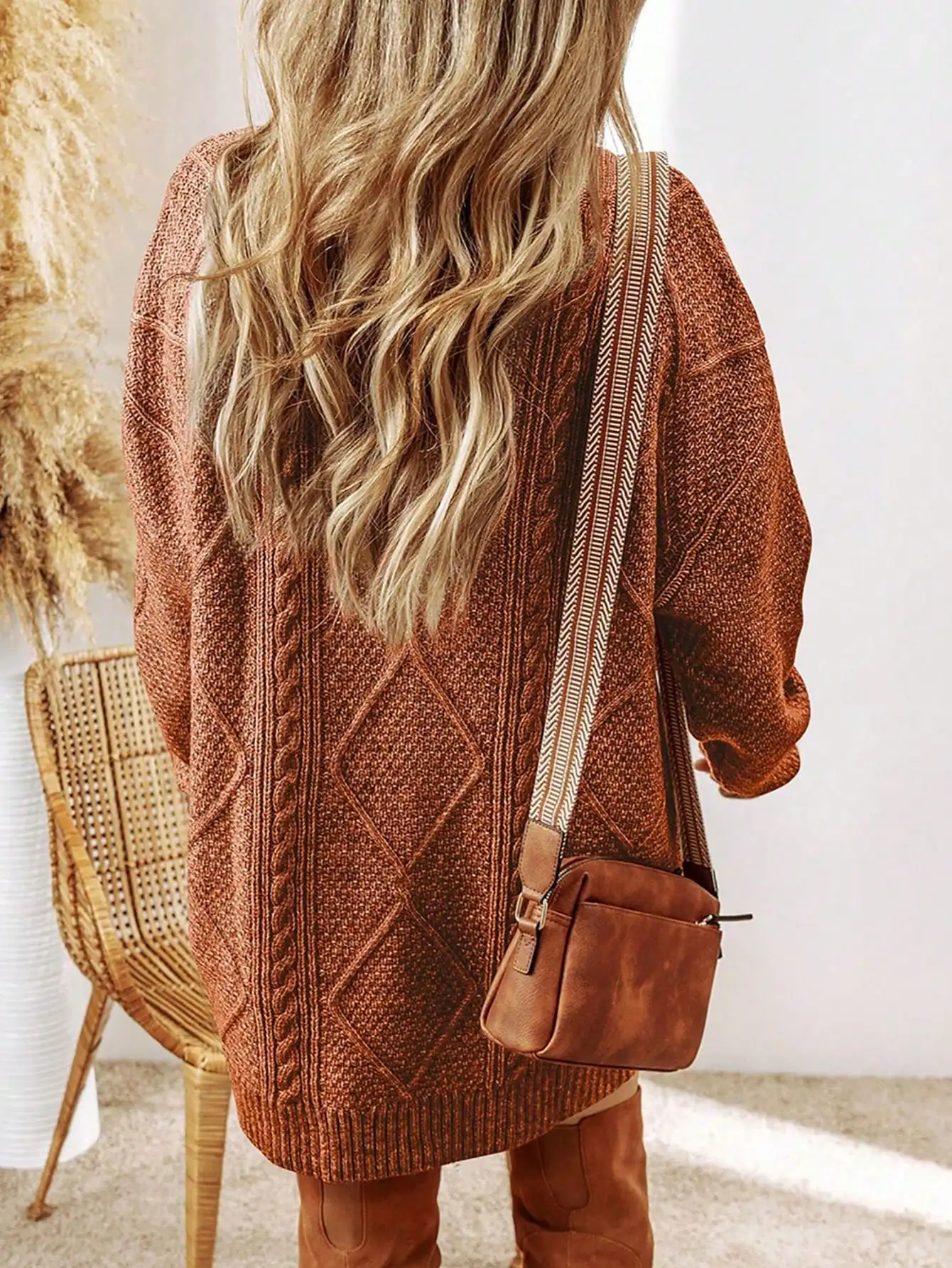 Boho Chic Fall Retro Diamond Cable Knit Sweater Dress Autumn Urban Minimalist Vibe Long Sleeve Oversized Pullover Tunic Warm Rust Brown Solid Hue Textured Argyle Diamond Braided Knit Ribbed Trims Relaxed Fit For Daily Street Stroll New Year Gift
