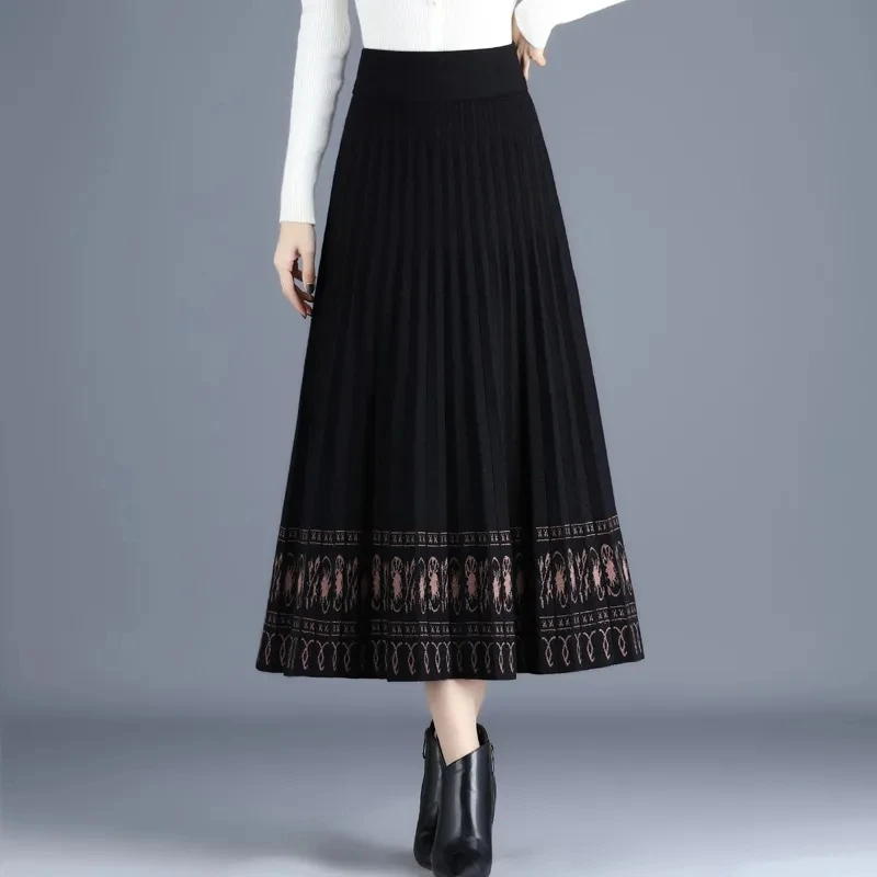 Ethnic Style Thick Knitted Skirt Autumn Winter Elastic High Waist Long Sweater Skirts Lady Fashion Casual A-Line Sweater Skirts