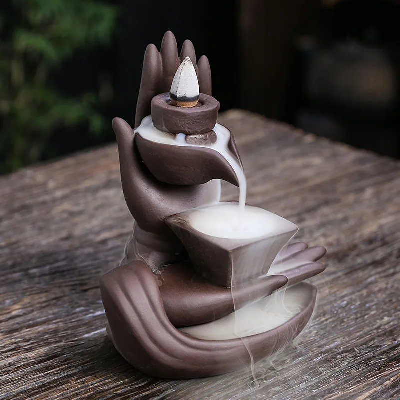 

Purple Clay Backflow Incense Burner Creative Stone Mill Buddha Hand Design, Relaxing Aromatherapy Decoration for Home and Office