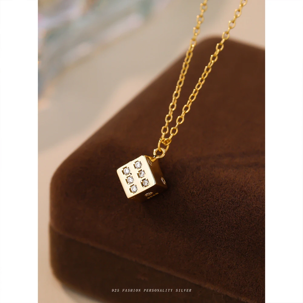 F.I.N.S Lucky Dice Zircon S925 Sterling Silver Necklace Trend Small Square Pendants For Women Fashion Fine Jewelry Accessories