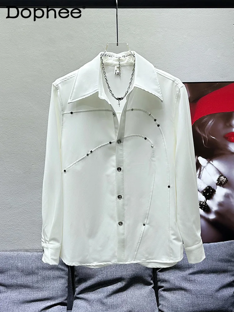 

Decorative Rivets Design Shirts Solid Color Long-Sleeved Shirt Men's 2024 New Handsome Trendy Male Casual Padded Shoulder Shirts