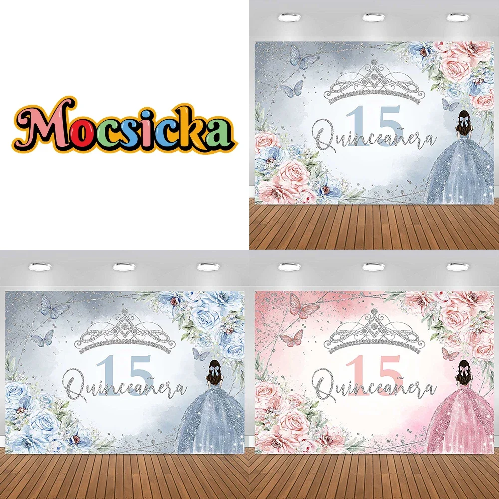 

Girl 15st Happy Birthday Background Quinceanera Princess Party Crown Floral Decor Backdrop Kid Portrait Cake Smash Studio Photo