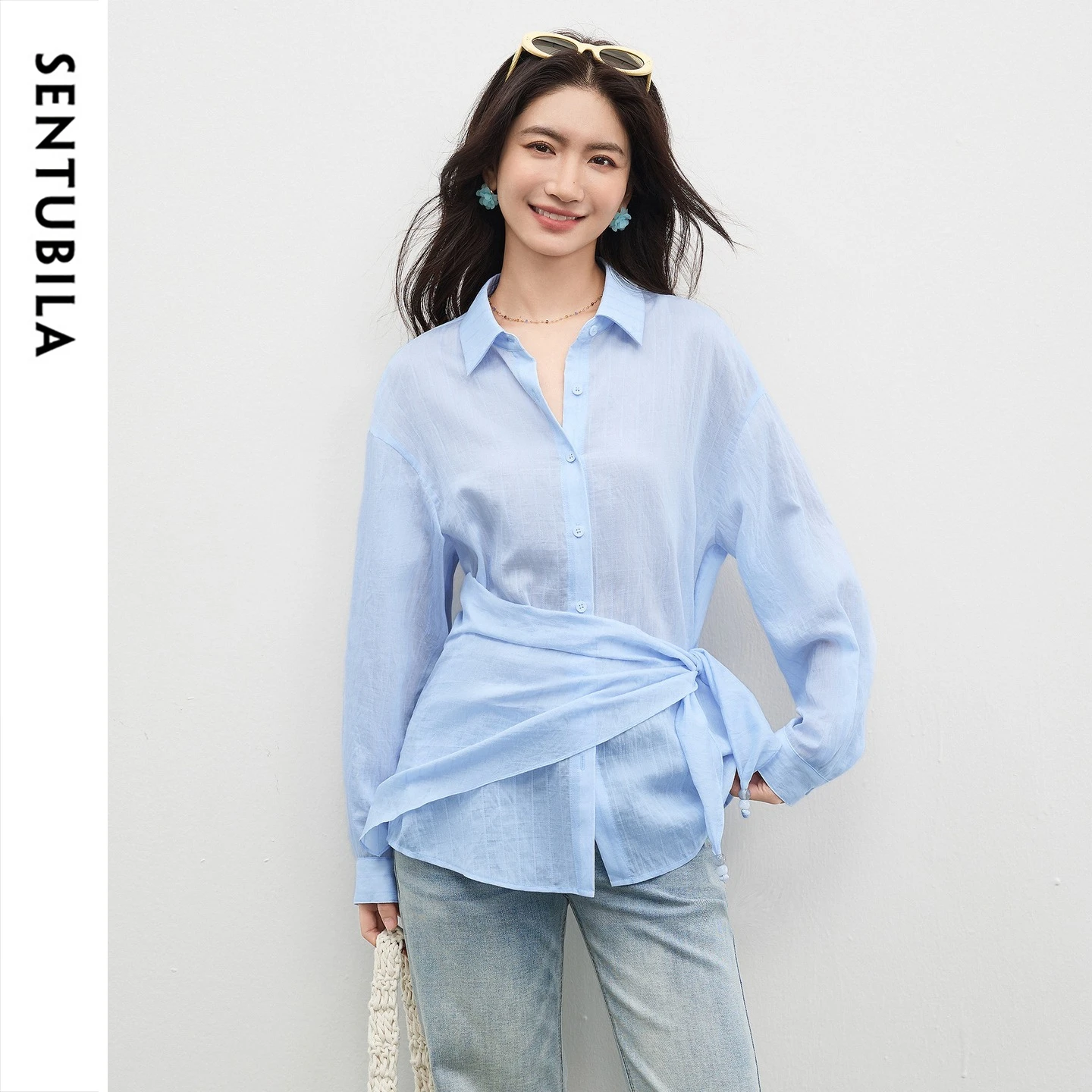SENTUBILA Women's Subtle Striped Blouse Detachable Scarf Lapel Collar Autumn Casual Loose Long‑Sleeve Versatile Shirt 161CH5424