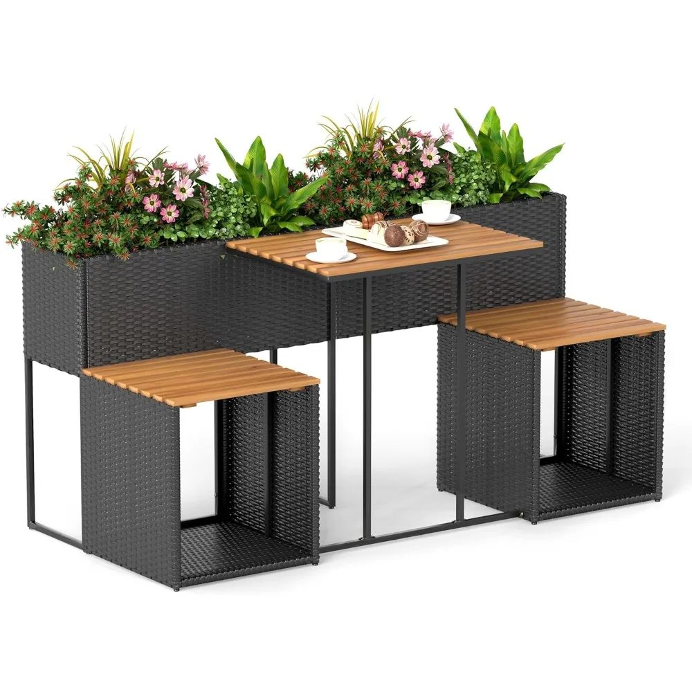 

Patio Furniture Set with Raised Garden Bed, PE Rattan Garden Planter Table with Built-in Chairs and Storage Space, Acacia