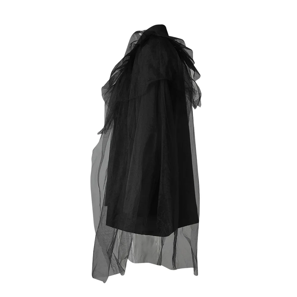 CHICEVER Solid Evening Spliced Mesh Shawl Blazer for Women Notched Collar Long Sleeve Patchwork Button Temperament Coats Female