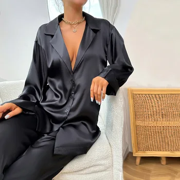 Pyjama Sexy en Satin pour Femme, Vêtement de Maison, Coupe Basse, Simple Boutonnage, Manches sulf, Pantalon à Jambes Larges