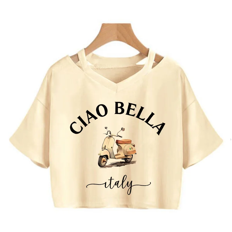 Ciao Bella Women's V-neck Cropped T Shirt Sexy Short Sleeve Letter Print Summer Tshirt Italian Lemon Crop Tops T-shirt Clothes