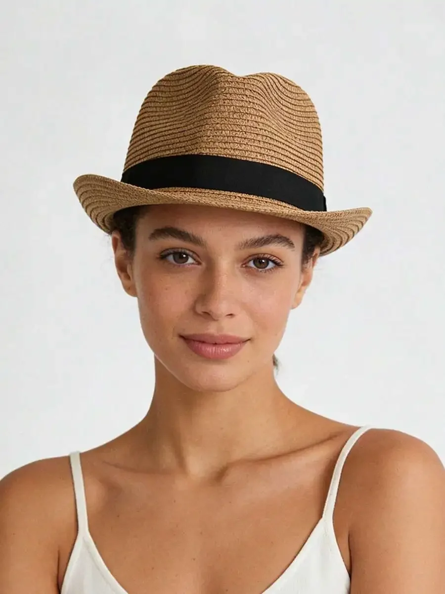 1pc Unisex Fashion Straw Hat Casual Versatile Wide Brim Sun Protection Hat for Summer Daily Outdoor Travel Beach Wear