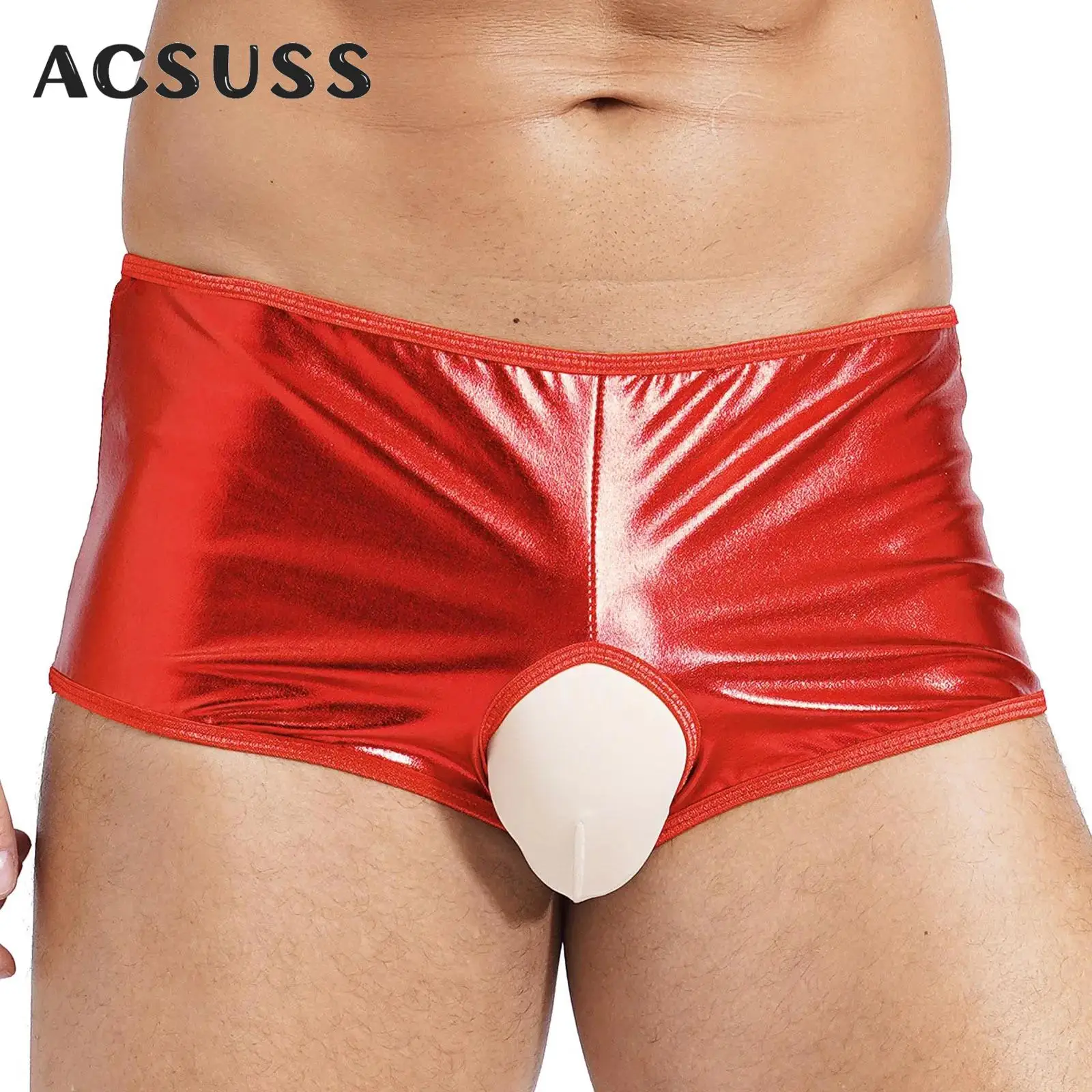 

Mens Metallic Hot Pants Booty Shorts Low Rise Open Crotch Panties Underwear Nightclub Clubwear for Pole Rave Dancing Party