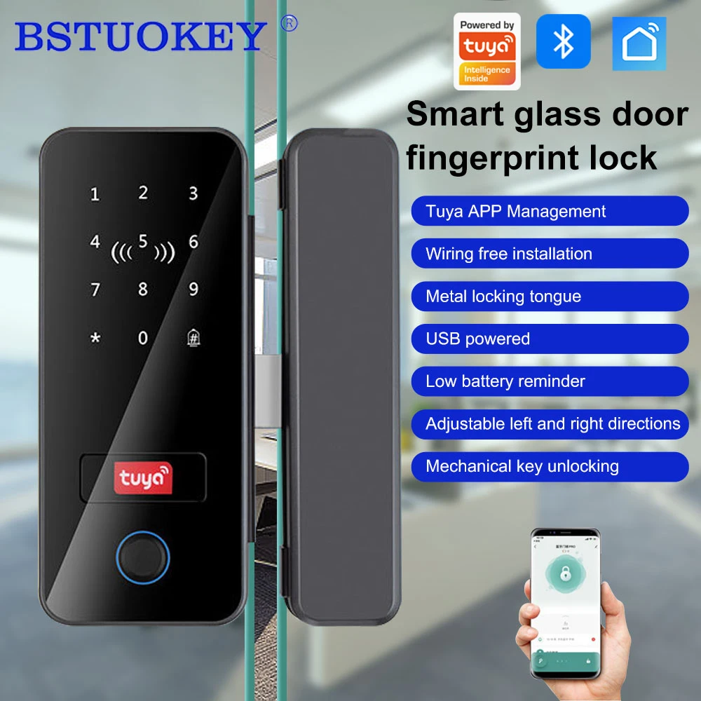 Support Tuya App Mart Door Lock for Glass Door with Fingerprint Password IC Card App Remote KeyUnlock OfficeKeylessEntry Gateway
