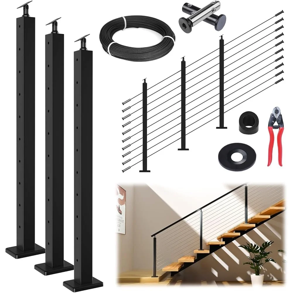 10-15ft Modular 36in Stair Cable Railing Post Kit Complete Set with Swageless Wire Rope Black Stainless Steel Posts and