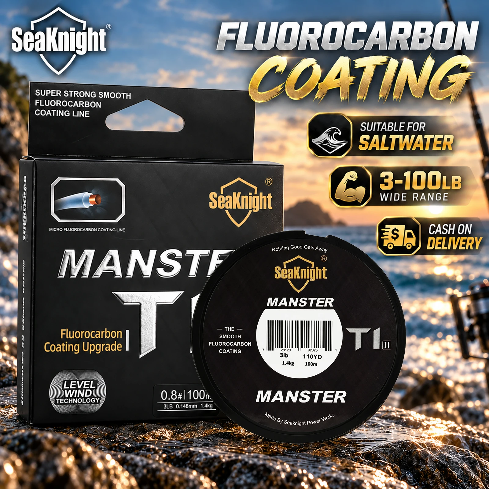 SeaKnight Brand MANSTER T1 II Series 100%Two-layer Fluorocarbon Coating Fishing Line 100M 50M Fast Sinking Line Stronger 3-100LB