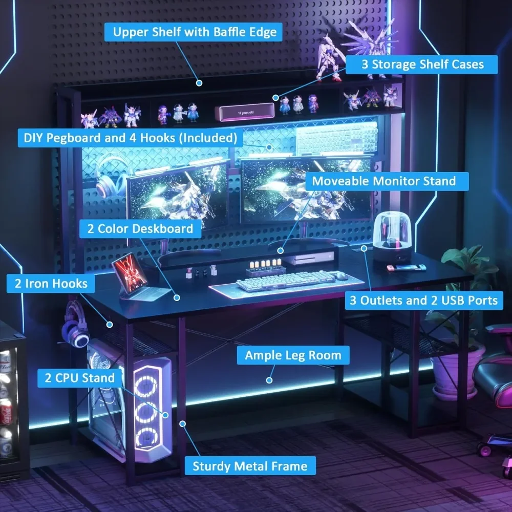 "مكتب ألعاب معزز 2024 مزود بكرة، مكتب كمبيوتر مضاء بإضاءة LED مقاس 55.2 بوصة مع منافذ، مكتب محطة عمل قابل للعكس مع p"