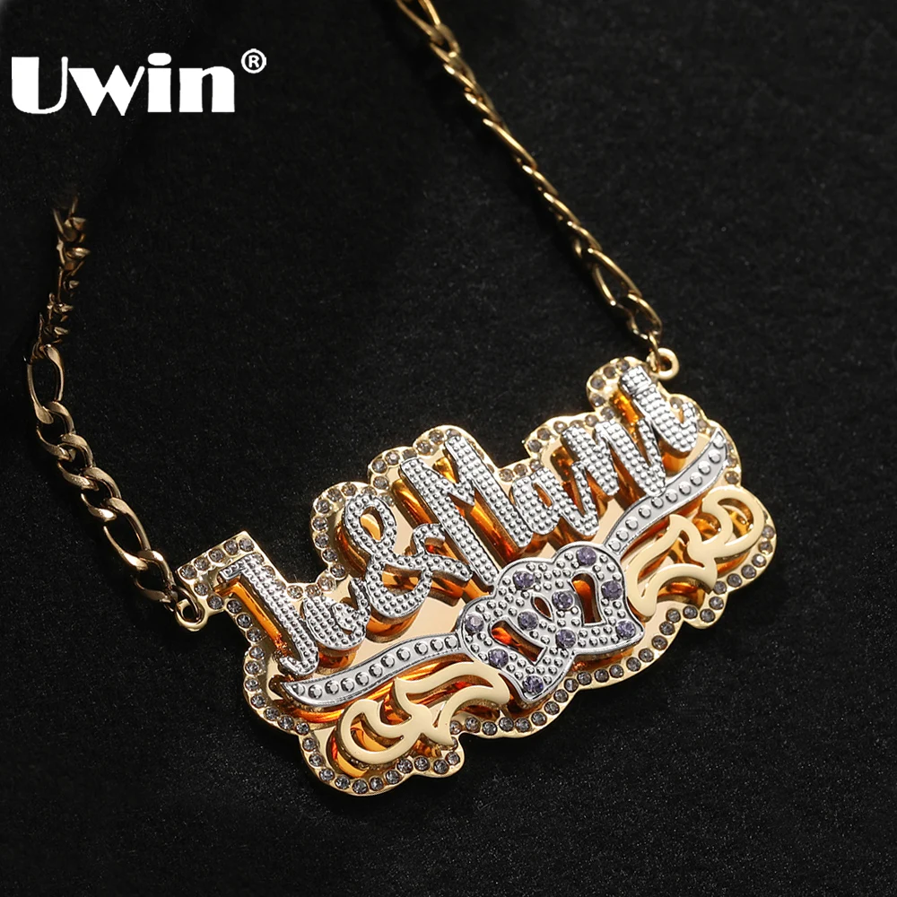 UWIN Custom 3D Nameplate Pendant Necklace with Different Color CZ Crown  for Women Fashion Necklace Jewelry for Gift