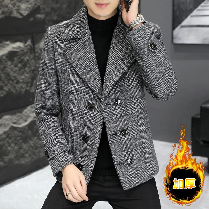 British Style Winter Men\'s Woolen Jacket Double Breasted Thickened and Warm Suit Jacket Casual Business Social Trench Coat M-4XL