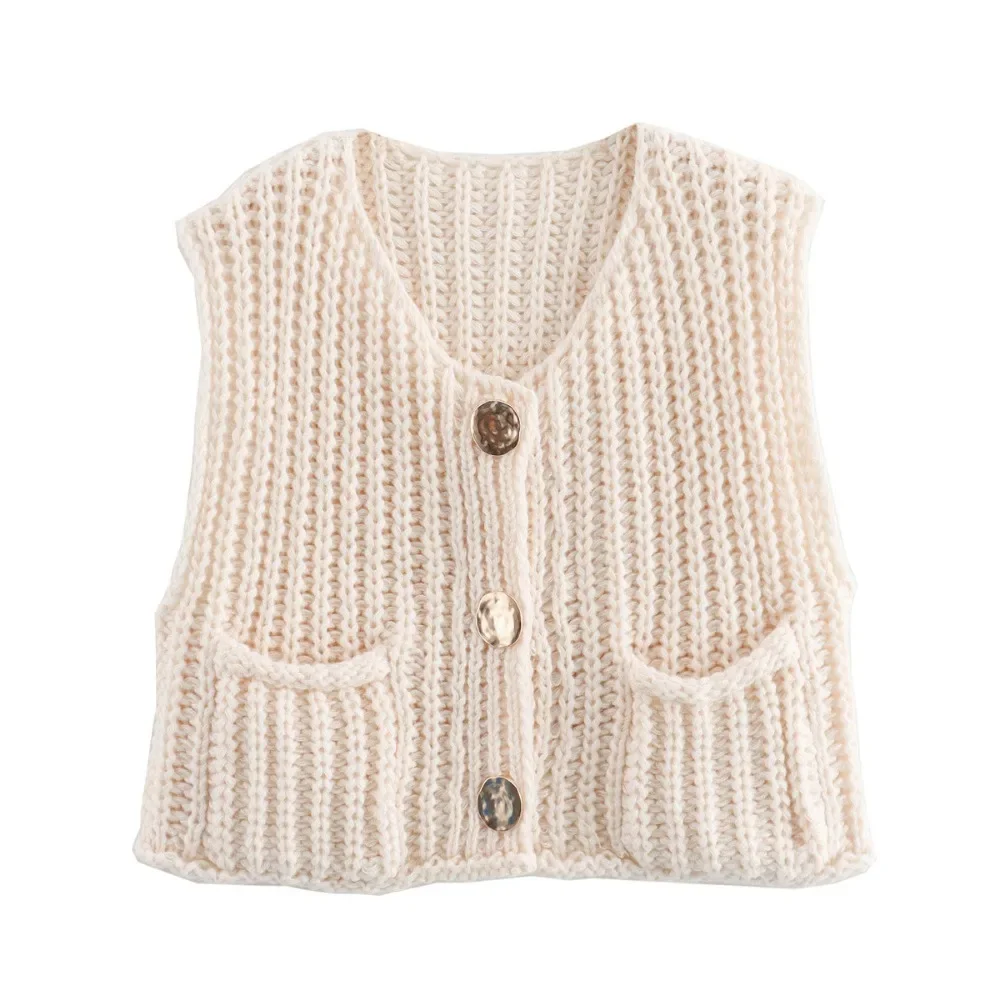 TRAF ZR Tanks & Camis Off Shoulder Crop Tops Golden Buttons Tank Waistcoat Women Sweater Vest for Women Knitted Cardigan Y2k Top