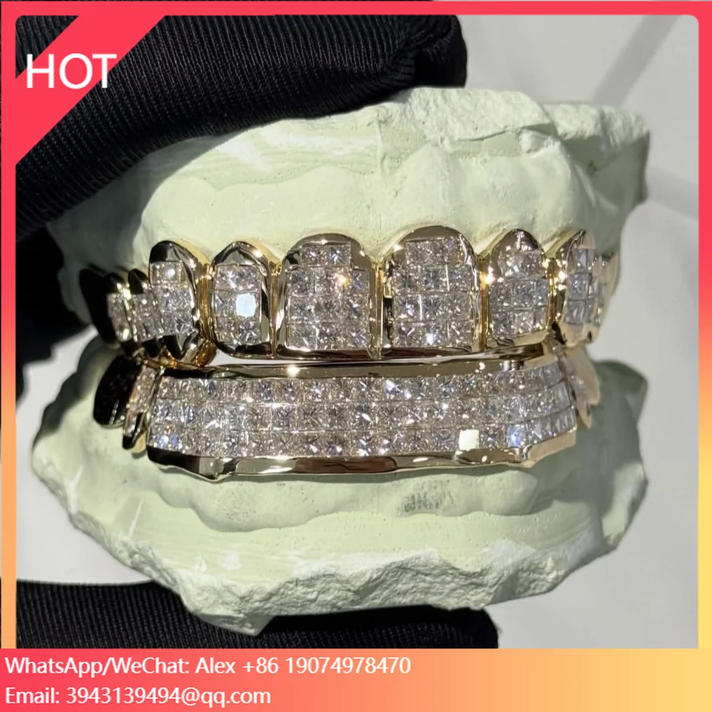 

Индивидуальные грилзы с глубокой огранкой, круглыми бриллиантами VVS и муассанитами, 10-в-10, из белого золота, с бриллиантовым кулоном-цепочкой