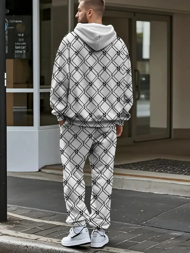 The new men's set for Spring and Autumn 2025 features a casual fashionable soft and comfortable 3D checkered pattern print
