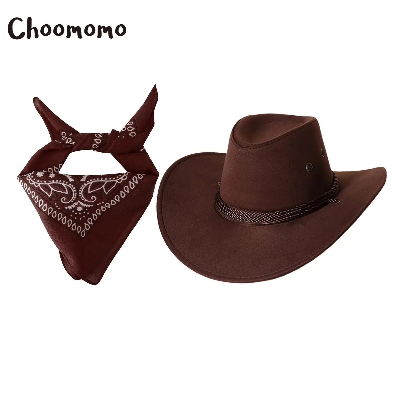 2 Pieces Western Cowboy Cowgirl Accessories Hat with Paisley Bandana for Halloween Party Festivals Holiday Cosplay Dress Up