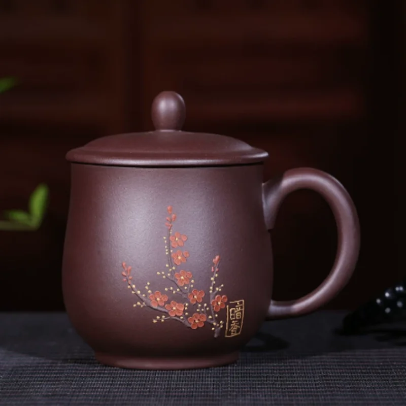 Traditional Yixing Zisha Tea Cup with Lid - Hand Carved Plum Blossom Pattern, Chinese Style Tea Table Accessory