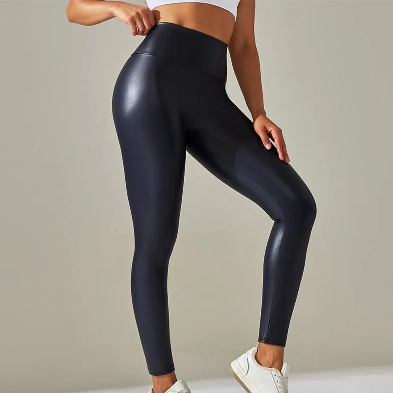 PofyBofy Plus Size Seamless Sexy PU Leather Stretchy High Waist Widen Waistband Women Sport Legging Yoga Casual Slimming Pants