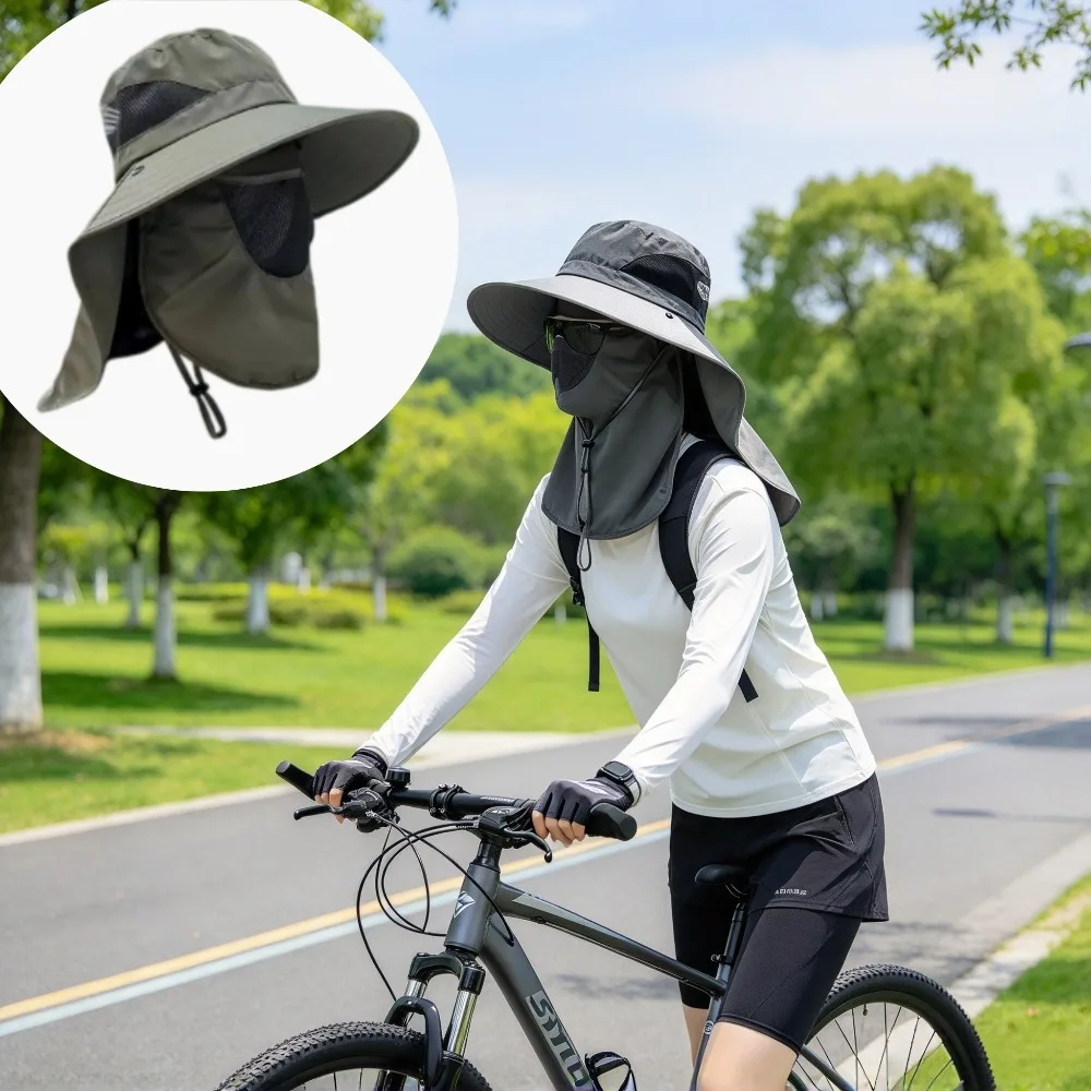 Summer Wide Brim Sun Hat UPF 50 UV Protection Fishing Cap with Removable Face Mask Neck Flap for Hiking Camping