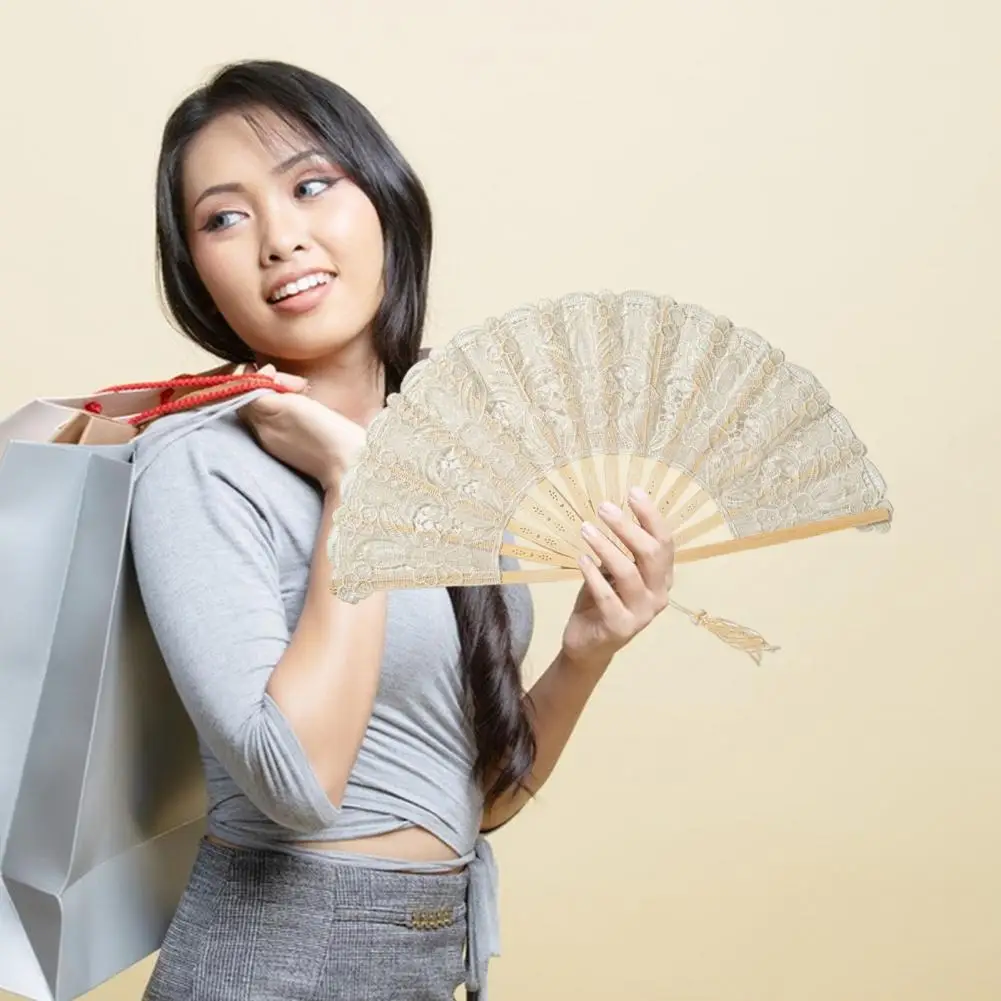 Elegant Handheld Fan Vintage Lace Folding Fan with Tassel Hollow Rib Handheld Fan for Summer European Dance Performance Party