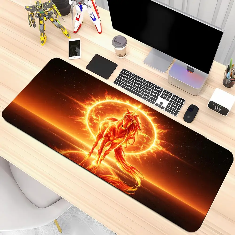 Horse Silhouette Under Moon Sun Starry Sky Mousepad, Fantasy Steed Reflection Large Gaming Desk Mat