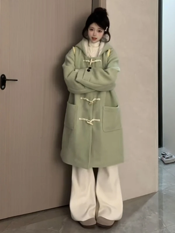 

Ladies' Sli Soft Sle Midi Length Loose Woolen Coat Trendy Autumn Faion Outerwear Korean Version Button Detail