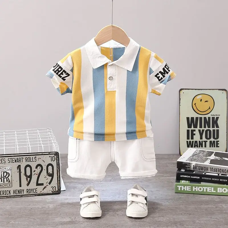 

2023 Summer New Boys Clothing Kids Short Sleeve Lapel Striped Printed Casual Loose Korean Version POLO Shirt Trend Two Pieces