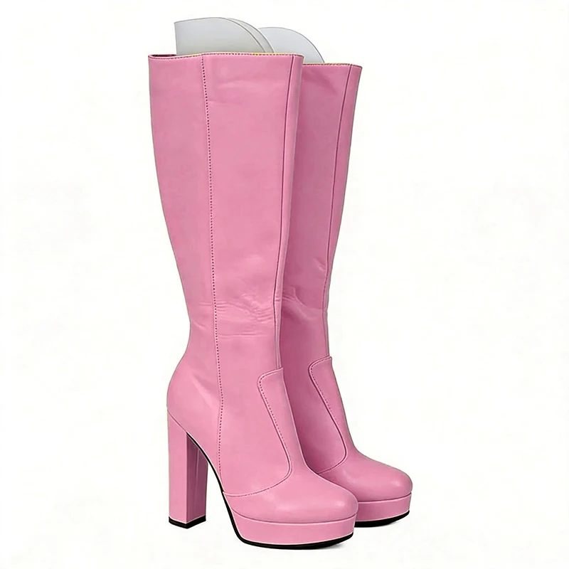 Rontic stivali da donna invernali con plateau piattaforma rigida in ecopelle tacchi a punta punta tonda eleganti scarpe da festa nere da donna