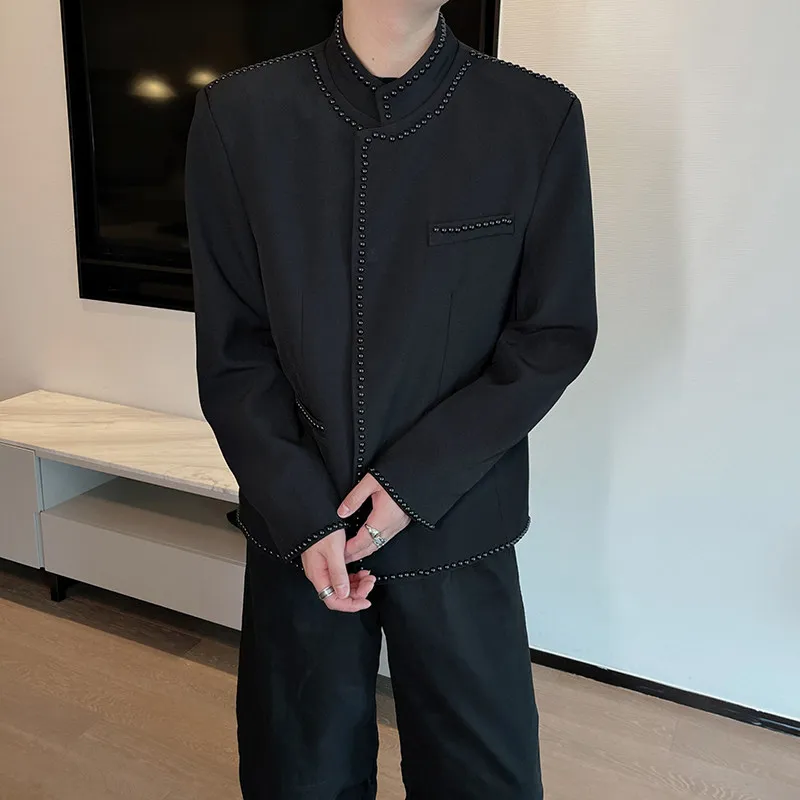 

Wang Jiahe Heavy Industry ort Stand Collar Rivet Fragile Wind Jaet Men's irt Sli High End Sensation Western Suit