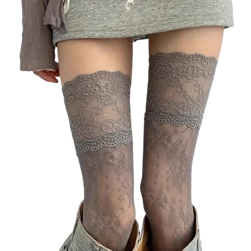 2 Pairs – Vintage Floral Lace-Trim Fishnet Over-the-Knee Socks for Women – Pair with Boots, Skirts, or Jeans