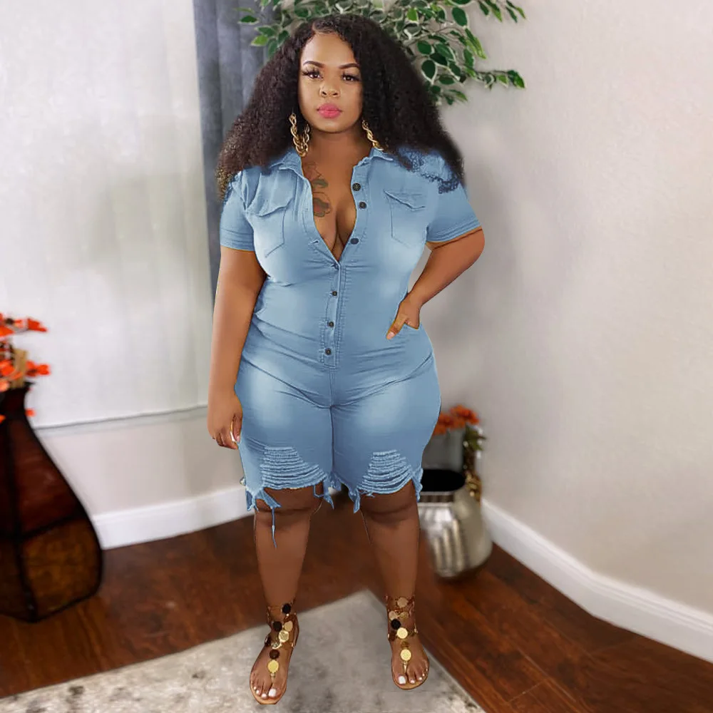 S-2XL Kleidung Jeans Overalls Frauen Kurzarm Body Ripped Denim Shorts Overalls