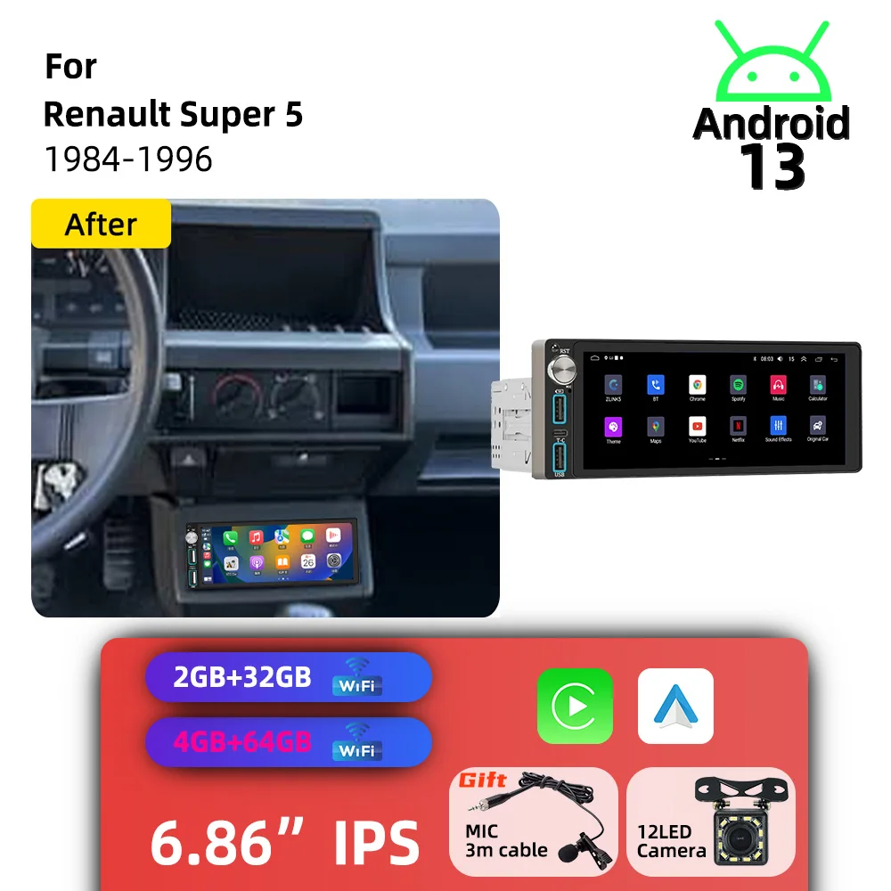 6.86 inch Screen for Renault Super 5 1984-1996 Android 1Din Car Stereo Carplay GPS Car Multimedia Autoradio Radio Head Unit