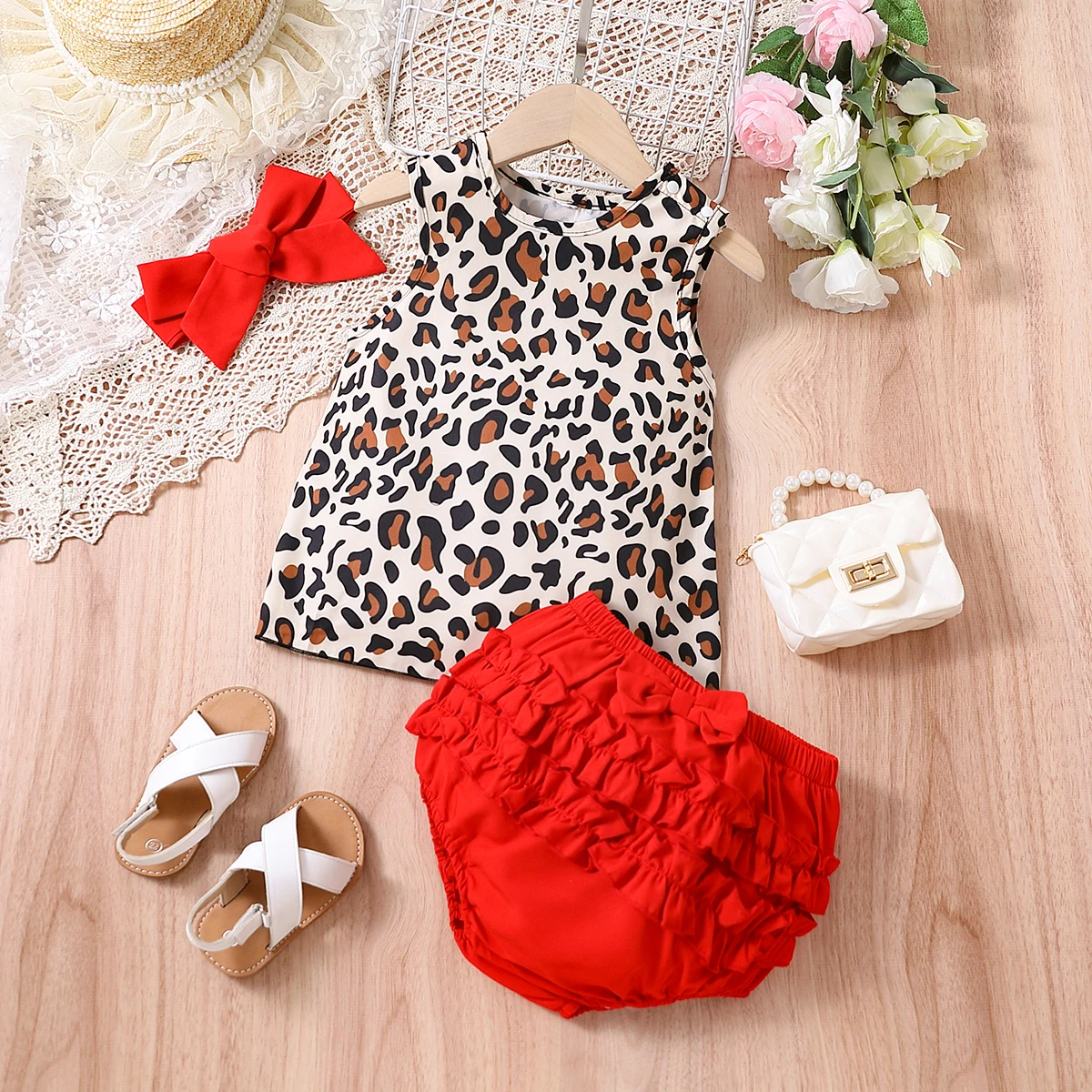 Summer Leopard Print Sleeveless Top with Red Butterfly Lace Triangle Pants And Headscarf Three-Piece Set for Baby Girls