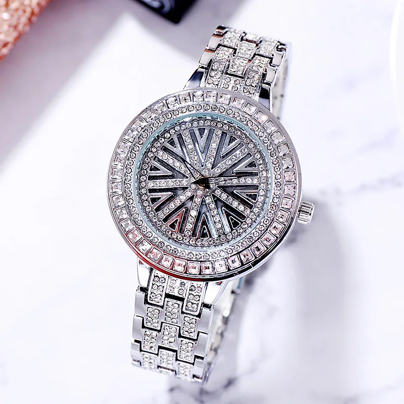 Women's Full Diamond Fortune Rotation Quartz Watch with Waterproof Elegant Round Butterfly Clasp