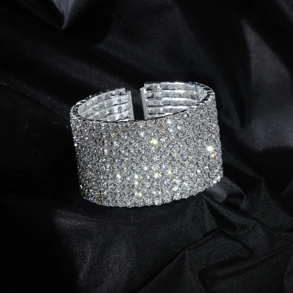 Wedding Bridal Jewelry 1-10 Row Cuff CZ Rhinestone Crystal Stretch Strand Bracelet Bangle Dropshipping