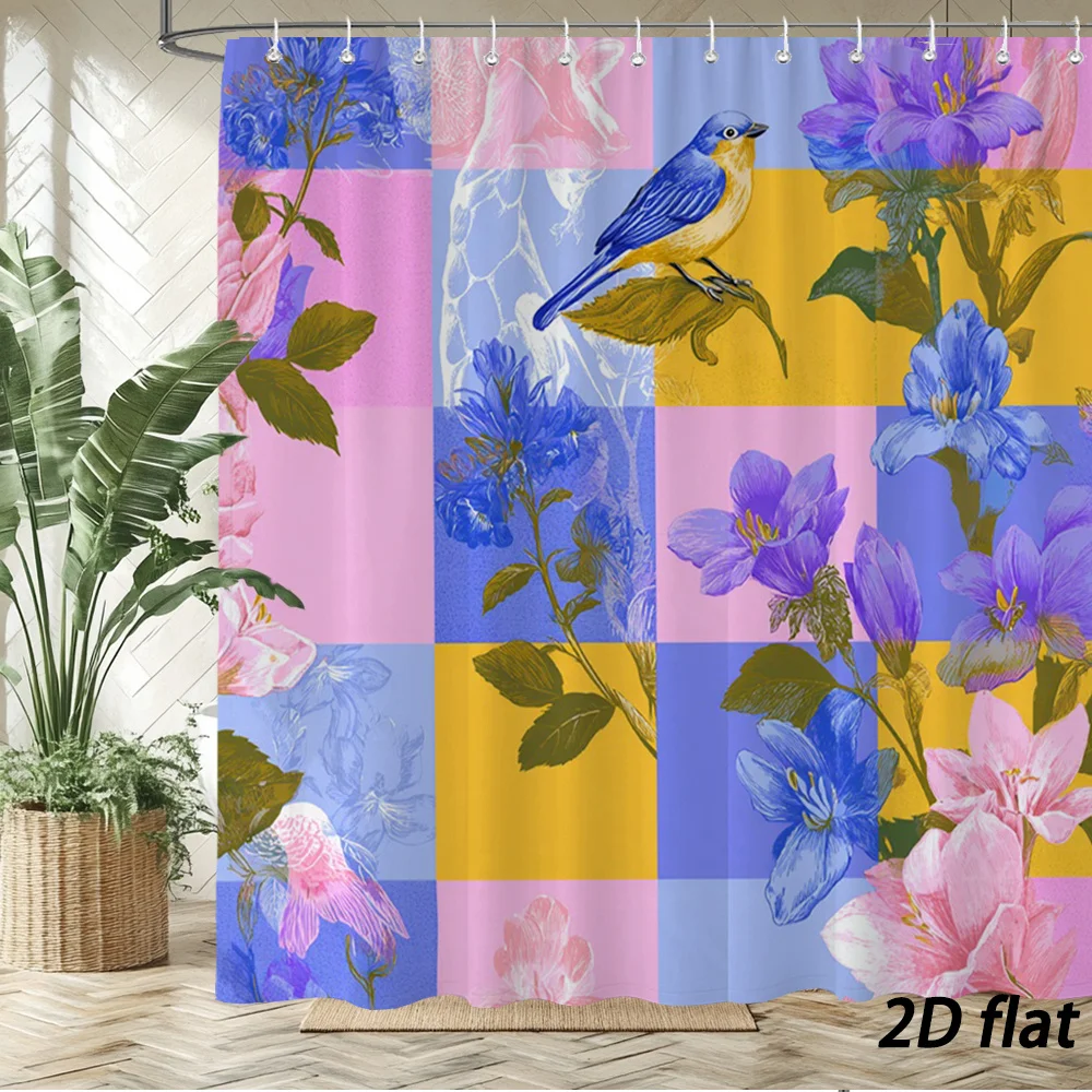 Vibrant Floral Pattern Shower Curtain with Blue Bird Accent - Bathroom Decor for Spring Vibes