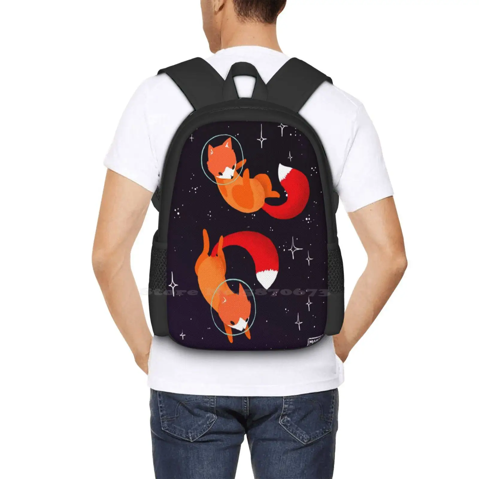 Mochilas escolares de zorros espaciales para niños, mochila para portátil de viaje, animales, estrellas, ilustración Digital, Kawaii