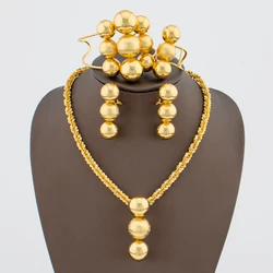 Dubai Gold Plated Beads Jewelry Set Pendant Necklace and Clip Earrings African Bride Cuff Bangle Finger Ring 4Pcs Set Jewellery