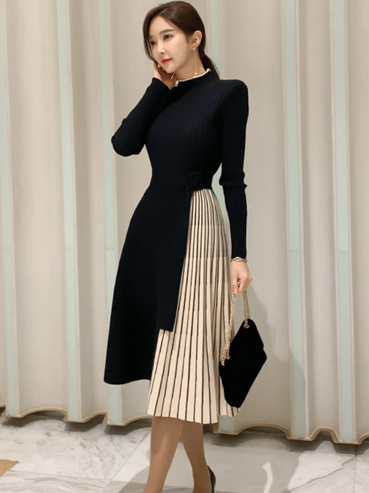 Autumn Winter Elegant Women Midi Dress Lady Vintage Casual Chic Knitted Black Stretchy Belt Pleated Street Robe Femme Vestidos